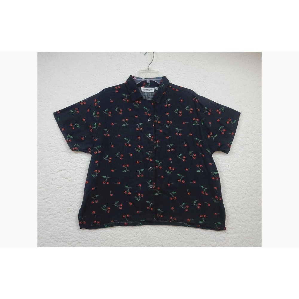 VTG Y2K Cherry Print Blouse Women PL Black Button Down Rayon Allyson Whitmore
